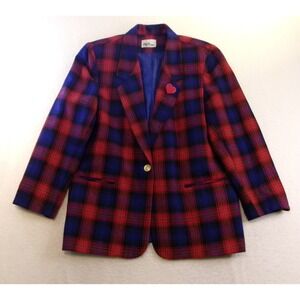 Katie Brooke Women 18 Blazer Red Blue Plaid Wool Blend Vintage Gold Button USA